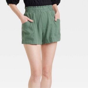 A New Day Print High-Rise Linen Blend Pull-On Shorts -  Sz 2X Green